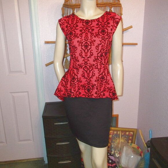Vtg Y2K Flocked Velvet Peplum Pencil Mini Dress Size S Sheer Lace Bodycon Baddie - Picture 2 of 12